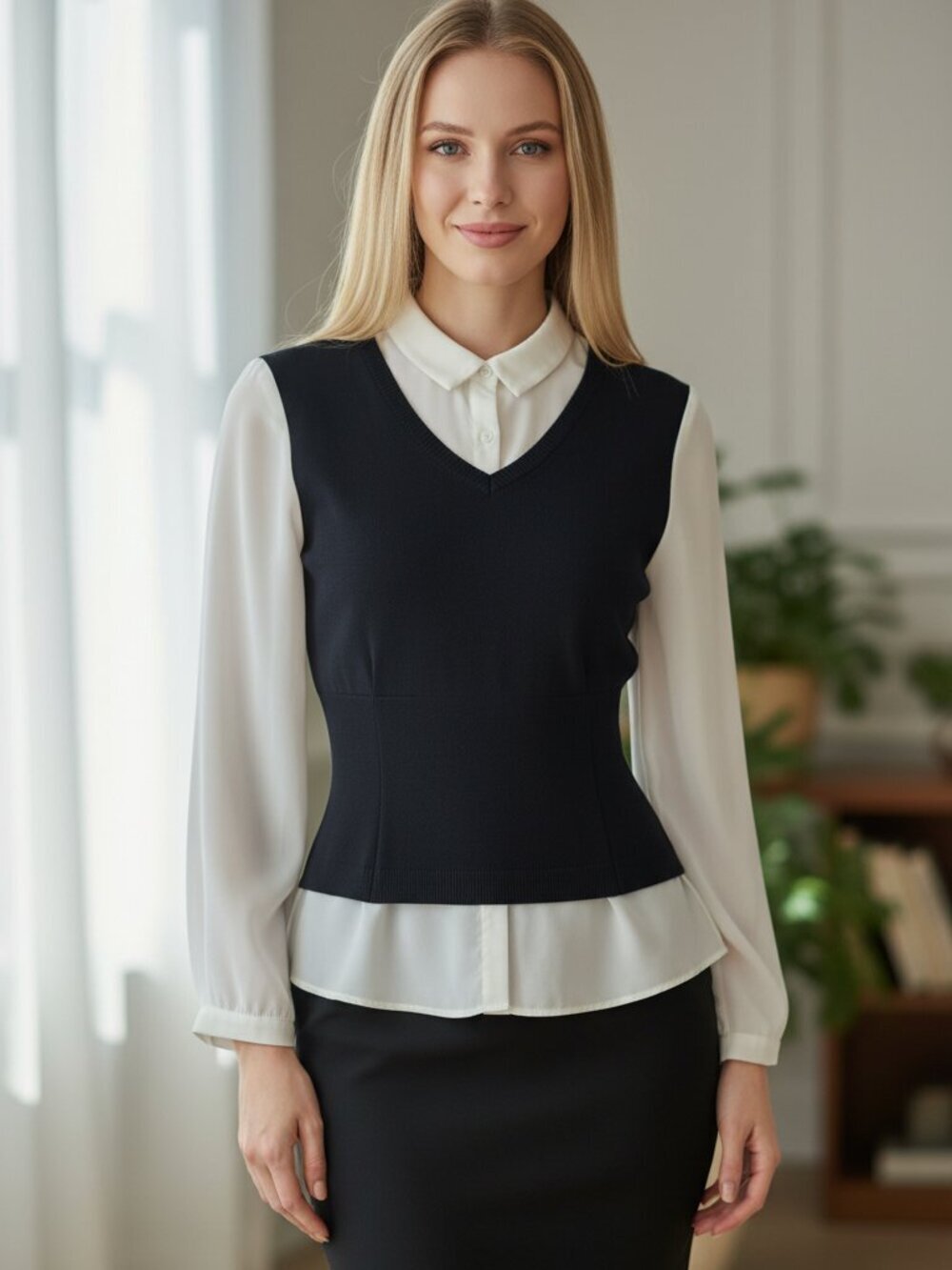 Adrianna Papell Layered Dark Blue Sweater with White Blouse